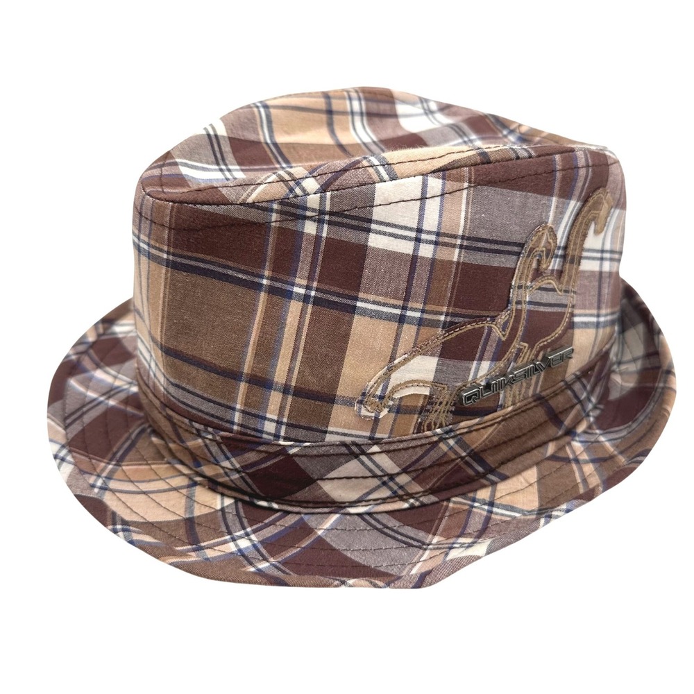 Vintage Y2K Quiksilver Plaid Fedora Hat Brown Tan Grandpa Satin Lined S/M